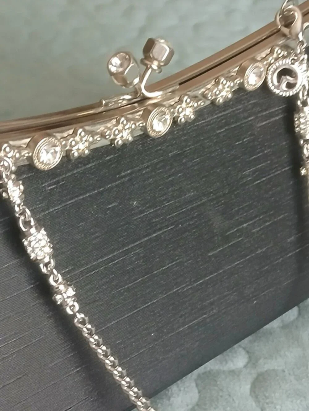 Black Silk Dupioni Crystal Frame Evening Clutch Bag Silver and Crystal strap